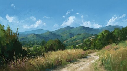 Scenic Mountain Landscape: A painting of lush green mountains under a blue sky with scattered clouds, viewed from a dirt path with tall grass and trees.
