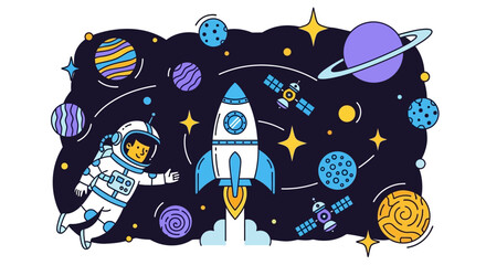 Cartoon Astronaut and Rocket in Outer Space Illustration