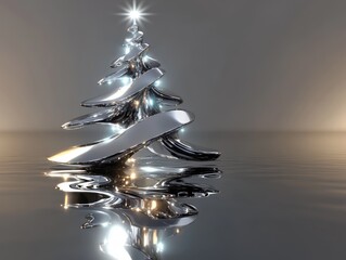 uturistic chrome Christmas tree with glowing accents and shimmering reflections