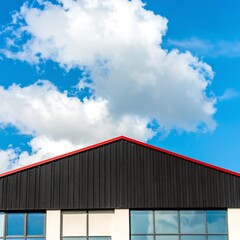 Industrial building facade against a cloudy blue sky