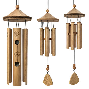 Serene natural bamboo wind chimes bring calming melodies and peaceful ambiance to any tranquil outdoor space or indoor sanctuary.Isolated on white background.