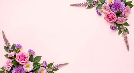 Fototapeta premium Vibrant Pink and Purple Floral Frame with Fresh Roses, Chrysanthemums, and Green Leaves in flower frame composition