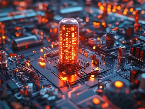 Futuristic circuit board with vibrant glowing element, depicting high technology - Powered by Adobe