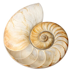 Obraz premium Discover the mesmerizing Fibonacci spiral within a nautilus shell showcasing natural geometry and intricate growth patterns.Isolated on white background.