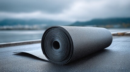 Rolled roofing material. Waterproofing membrane for roof insulation and protection against the elements. Durable asphalt or synthetic rubber sheet.
