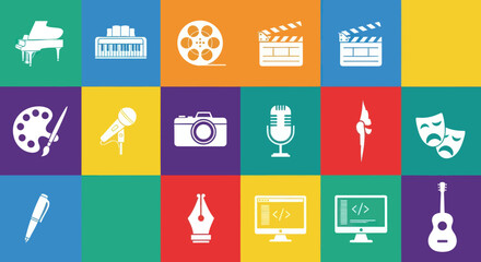 Vibrant Flat Design Icons Grid for Creative Arts, Hobbies & Entertainment: Music, Film, Painting, Photography, Writing, and Performance Symbols on Colorful Backgrounds, Flat Vector Elements, Vector