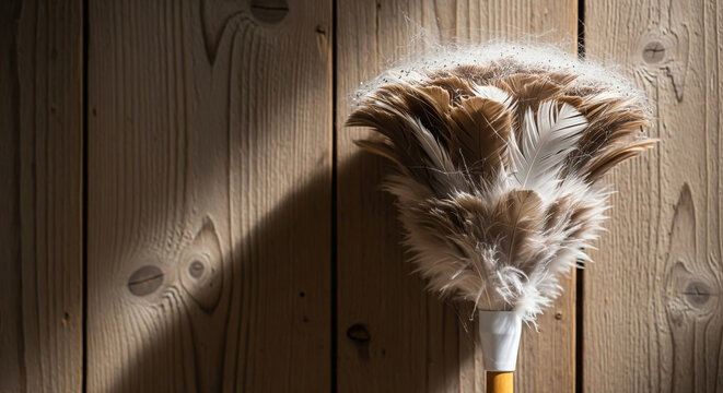 A traditional feather duster, covered in dust and cobwebs, rests against a rustic wooden wall, suggesting cleaning, neglect, or housekeeping in a close-up setting.