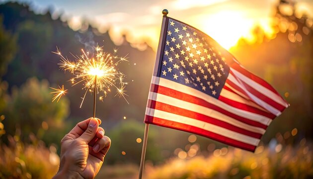 Hand holding sparkler next to American flag at sunset