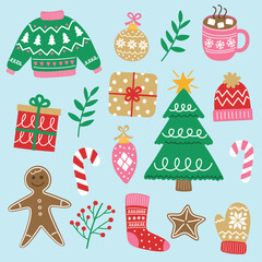 Collection of colourful Christmas elements. Christmas tree, ball, present, sock, cookie, cup, hat, sweater, gloves. Vector illustration