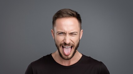 Expressive man with tongue out, making a funny face. Against a plain background, he shows off his humorous and playful side with a wink.