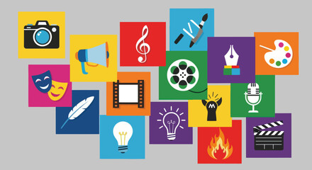 Collection of Flat Design Icons Representing Creative Arts, Media, Communication, and Ideas on a Grey Background, Flat Vector Elements, Vector Illustration, Simple Vector, Stylized Vector Drawing,