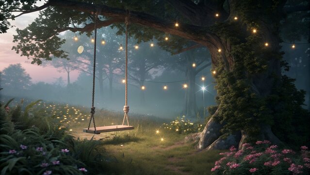 A swing in a magical atmosphere, can also serve as a stylish display podium for showcasing products, blending nature with elegance.
