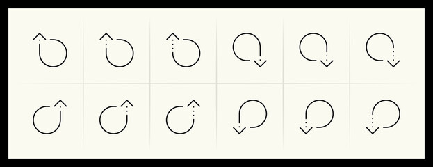 Outline circular and curved arrow icon set. Direction, navigation, downward, reload, clockwise, turn down, turn left, upward and more.