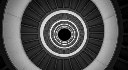 Fototapeta premium A mesmerizing abstract black and white photograph looking down a spiraling, circular concrete staircase, creating a hypnotic tunnel effect.