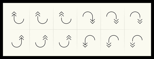 Outline circular and curved arrow icon set. Direction, navigation, downward, reload, clockwise, turn down, turn left, upward and more.