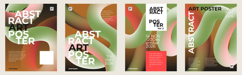 Vibrant set of abstract modern poster templates with bold wavy gradient shapes, striking typography and artistic layouts. Ideal for events, branding, covers, flyers, ads, creative promos, and prints.
