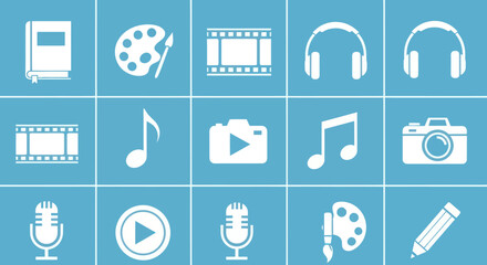 Modern Flat Design Icons Collection for Creative Arts, Media, and Education on Light Blue Background, Flat Vector Elements, Vector Illustration, Simple Vector, Stylized Vector Drawing, Vector
