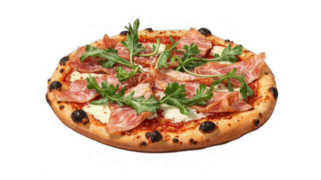 Delicious pizza topped with prosciutto and fresh arugula on a dark background.