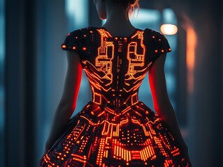 Futuristic fashion: A woman in a glowing circuit board dress exudes innovation