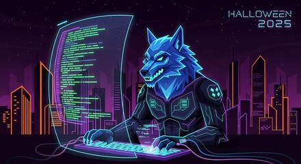 wolf hacker coding on a neon keyboard in a cyberpunk city for halloween 2025 perfect for tech blogs or futuristic event promotions.