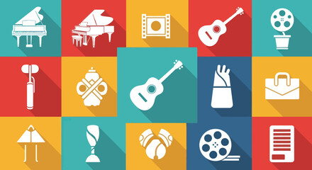 Collection of minimalist flat design icons with long shadows, featuring everyday objects like grand pianos, a bicycle pump, fire hydrant, tent, and wine glass on a vibrant multi-colored grid., Flat