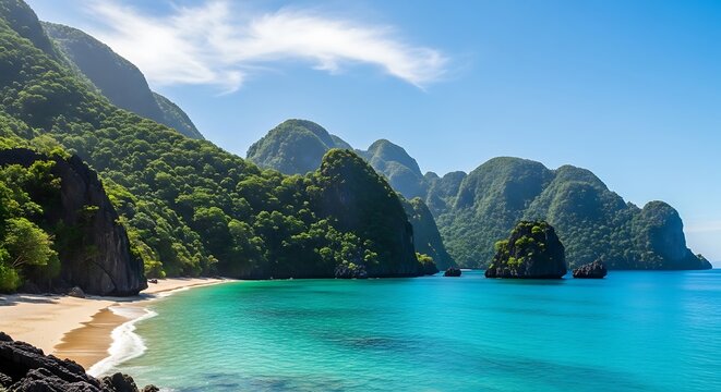 Idyllic El Nido Beach - Turquoise Waters and Lush Cliffs.