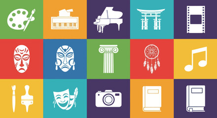 Diverse Art and Culture Icons Grid: Painting, Music, Theater, and Traditional Masks, Flat Vector Elements, Vector Illustration, Simple Vector, Stylized Vector Drawing, Vector Template, Clean Vector