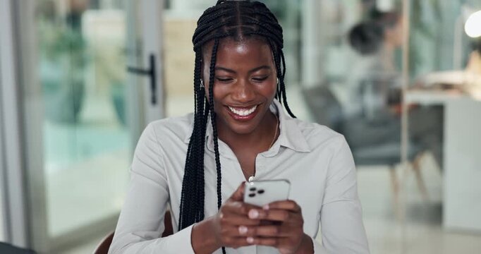 Black woman, phone and texting at startup with smile for notification, deal or proposal at media company. African person, happy and smartphone with mobile app, contact and excited at creative agency