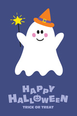 Halloween card with cute spooky ghost. Vector illustration