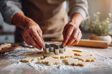 Adult hands skillfully cutting ghost-shaped cookies from dough using a metal cookie cutter, surrounded by flour and baking tools in a cozy kitchen setting
