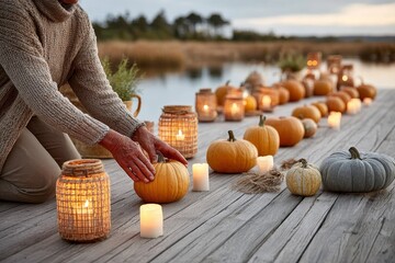 Adult hands arranging candles inside carved pumpkins on wooden surface by water, creating a warm autumn ambiance with natural light and seasonal decorations