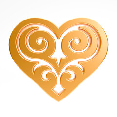 Realistic illustration of shiny golden heart with kazakh ornament isolated on white background. Symbol of love, romantic and Wedding. 3d rendering of heart shape