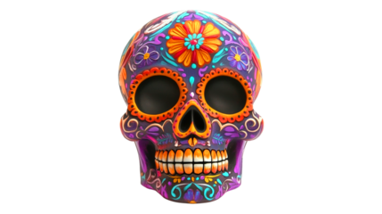 Colorful Day of the Dead Sugar Skull isolated on a transparent background