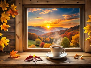Autumn mountain view from a window with hot coffee