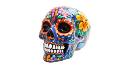 Colorful Sugar Skull With Floral Designs isolated on a transparent background