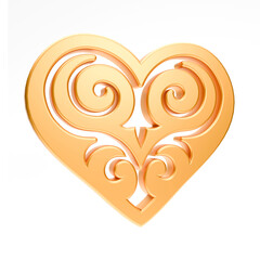 Realistic illustration of shiny golden heart with kazakh ornament isolated on white background. Symbol of love, romantic and Wedding. 3d rendering of heart shape
