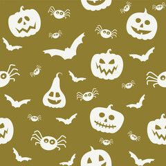 Halloween pattern with funny pumpkin lanterns, bats and spiders. Vector
