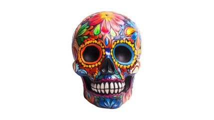 Colorful sugar skull with floral patterns isolated on a transparent background 