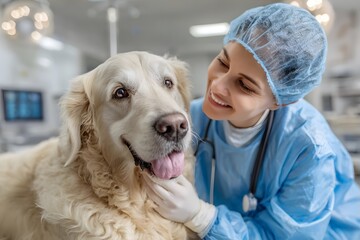 Veterinarian in blue scrubs petting a golden retriever in a well-lit clinic.