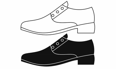 Vector illustration of men’s formal shoes, one in black silhouette and one in outline style, showing details of lace eyelets and heel, ideal for fashion, design, and icon use.
