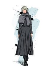 Professional fashion illustration flat sketch. A drawing of a woman walking down the runway in fashionable clothing. Perfect for fashion design presentations, clothing manufacturing, lookbooks, and br