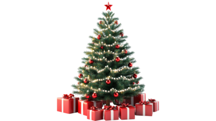 Decorated Christmas Tree with Red Presents isolated on a transparent background
