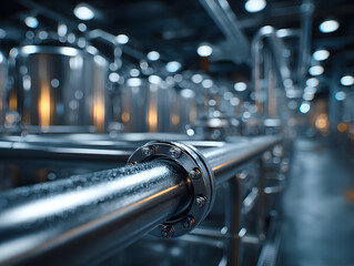 Stainless steel brewery pipes and valves in modern beer production plant for industrial beverage manufacturing, clean processing systems, fluid control, food-grade equipment, alcohol technology.