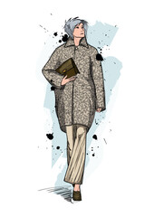 Professional fashion illustration flat sketch. A drawing of a woman walking down the runway in fashionable clothing. Perfect for fashion design presentations, clothing manufacturing, lookbooks, and br