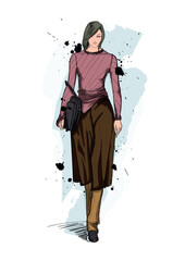 Professional fashion illustration flat sketch. A drawing of a woman walking down the runway in fashionable clothing. Perfect for fashion design presentations, clothing manufacturing, lookbooks, and br