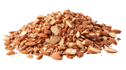 Pile of sliced and crushed almonds isolated on a transparent background