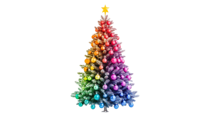 Rainbow Christmas Tree with Ornaments isolated on a transparent background