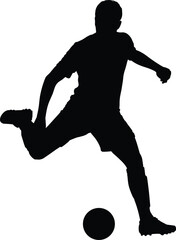 Silhouette of soccer player kicking ball in action pose, football sports illustration, athletic performance, outdoor game, teamwork, professional soccer artwork