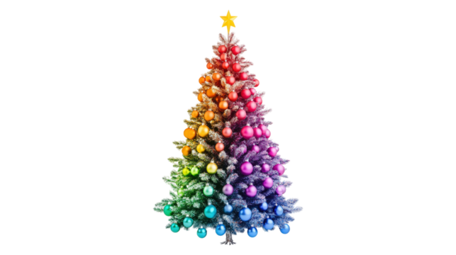 Rainbow Christmas Tree with Ornaments isolated on a transparent background - Powered by Adobe