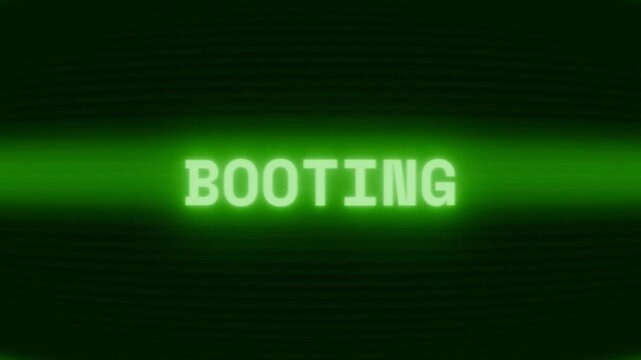 Old green CRT screen showing text BOOTING appearing in random glitch and coding style